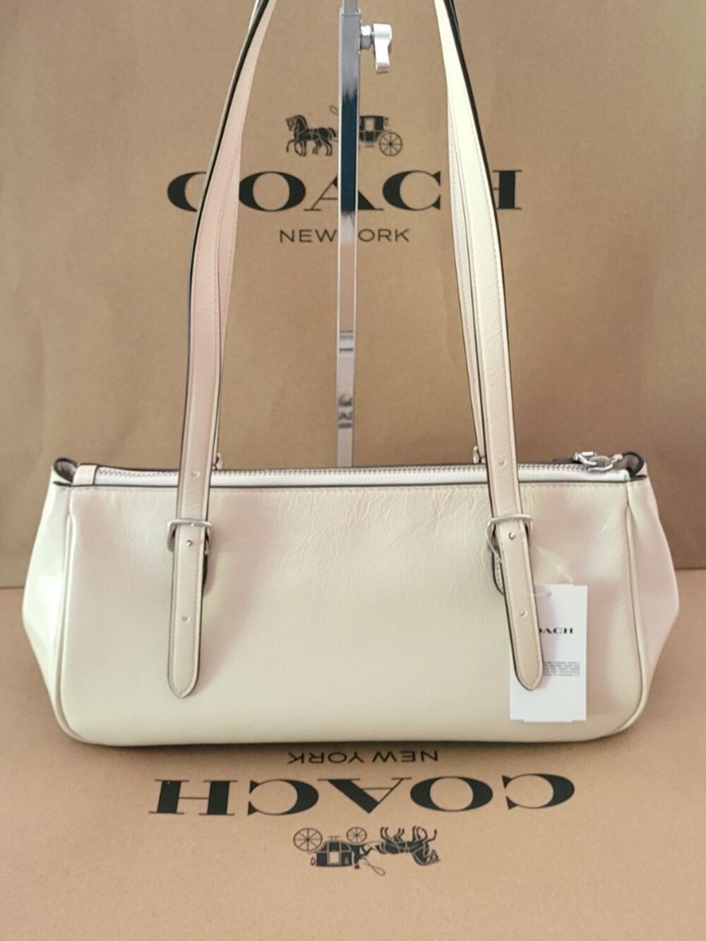 Coach CBJ05 Glazed Leather Asher Shoulder Bag Handbag Chalk Silver - Picture 3 of 8